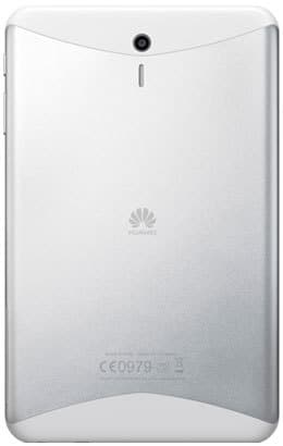 Huawei tablet rear view in silver with top-center camera, Huawei branding mid-back, and certification marks at the bottom.