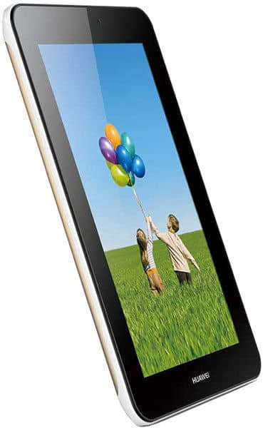 Angled front view of black Huawei tablet displaying two kids with balloons on grass, ideal for feature comparison to Micromax Bolt A069.