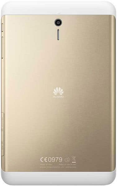 Rear view of gold Huawei tablet with top-center camera, central logo, and regulatory info at bottom; similar to Micromax Bolt A069.