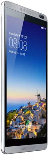 Silver smartphone, possibly Samsung Galaxy, angled front view showing large display with time, weather, date over sunset coast.