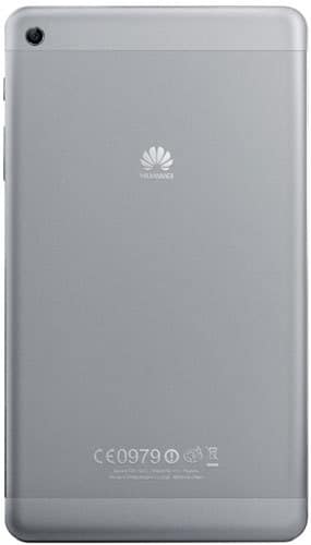 Rear view of a silver Huawei tablet with center logo, upper left rear camera, and certification markings along the bottom edge.