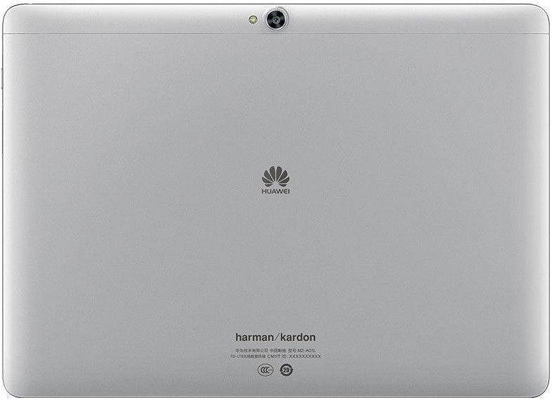 Rear view of silver Huawei tablet with top-center camera, Huawei logo mid-back, and harman/kardon branding at the bottom.