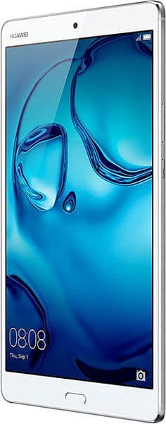 Front view of silver Huawei tablet showing blue abstract wallpaper, front camera, home button. Screen displays 08:08, Sept 1.