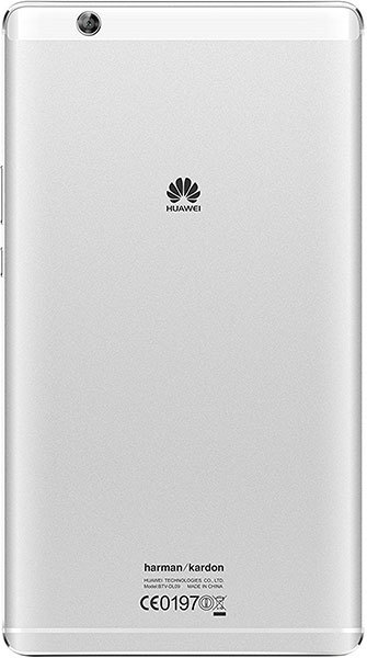 Rear view of a silver Huawei tablet with top left single camera, centered logo, and certification marks at the bottom.