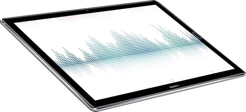 Huawei tablet, viewed from the front at an angle, with slim bezels and a blue-gray pixelated wave graphic on its display.