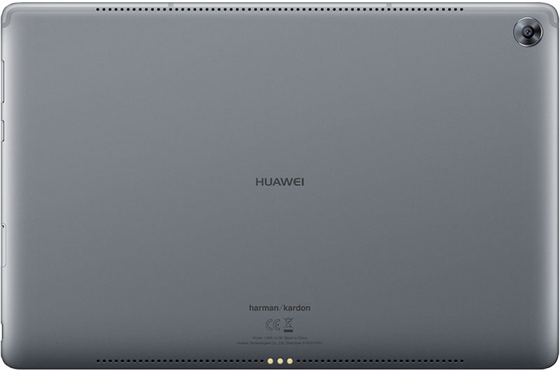 Rear view of gray Huawei tablet, Huawei logo centered, rear camera top right, Harman/Kardon branding near bottom.