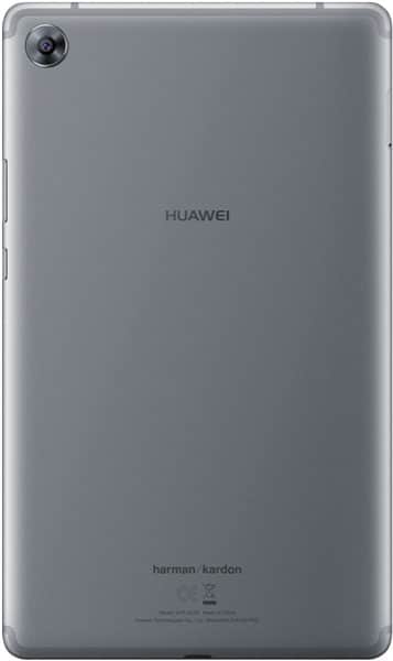 Rear view of silver Huawei tablet with top-left camera, central Huawei logo, and Harman/Kardon branding at the bottom.