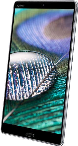 Huawei tablet, front view angled right, displays vivid peacock feather; Huawei logo visible at top bezel.