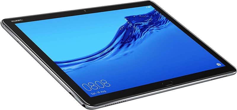 Front angled view of a black Huawei tablet displaying blue wave wallpaper, 08:08 time, and Saturday, 18 August date.