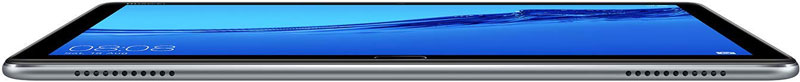 Tablet, viewed from a low front angle, shows blue screen at 08:08, with bottom-edge speaker grilles and charging port visible.