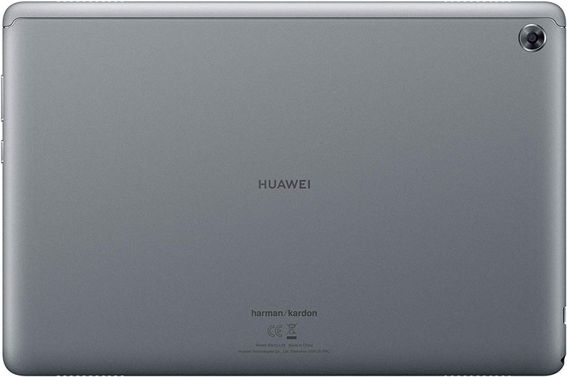 Huawei tablet rear view in silver; camera at top right, "Huawei" and "harman/kardon" logos centered and bottom.