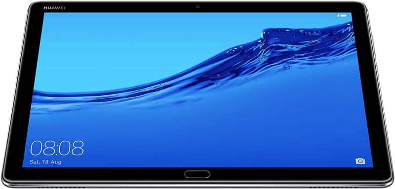 Front view of a black Huawei tablet with blue water wallpaper, date 18 August, 08:08 time, front camera centered on top bezel.