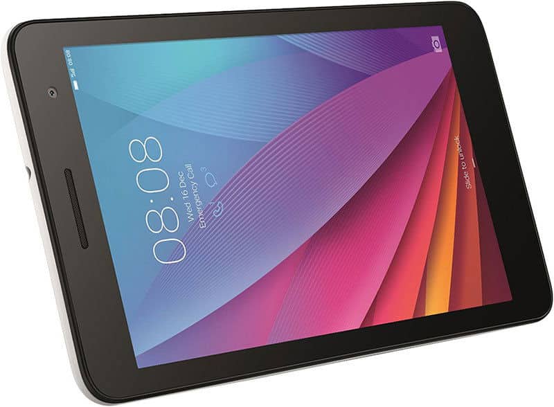 Front view of a black Huawei tablet showing abstract wallpaper, 08:08 time, December 16 date, and slide to unlock on lock screen.