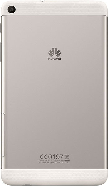 Rear view of a silver Huawei tablet showing the camera in the top left, centered Huawei logo, and model info near the bottom.