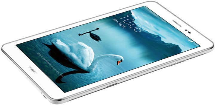 Front view of white Huawei tablet showing lock screen at 10:08, August 18, with swans on a lake and mountains background.