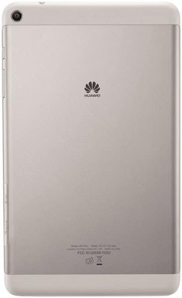 Huawei tablet rear view; silver finish, centered Huawei logo, bottom regulatory info, top left corner rear camera.