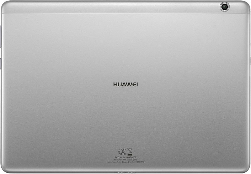 Rear view of silver Huawei tablet showing a top-right camera, centered Huawei logo, and regulatory info at the bottom.