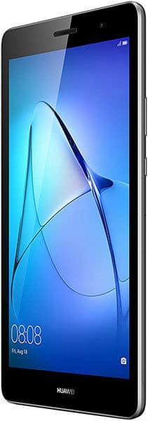 Huawei smartphone front angled view, blue abstract wallpaper, date Friday August 18, and time 08:08 shown on display.