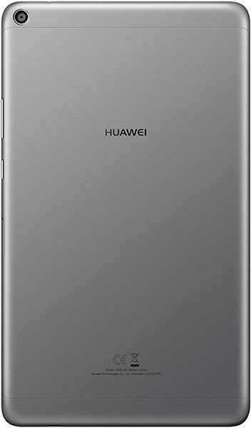 Huawei tablet rear view, metallic gray finish, centered Huawei logo, bottom regulatory info, top left rear camera.