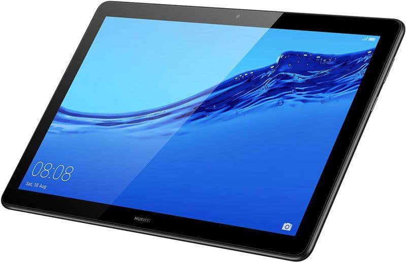 Black Huawei tablet at angled front view, screen on with blue water wallpaper, time 08:08, date 18 August, camera icon bottom right.