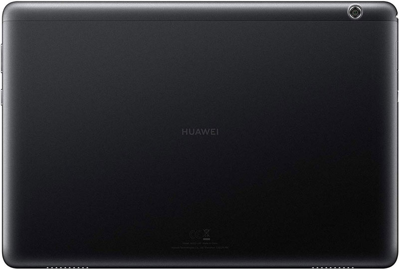 Rear view of a black Huawei tablet with centered Huawei logo and single rear camera at the top right corner.
