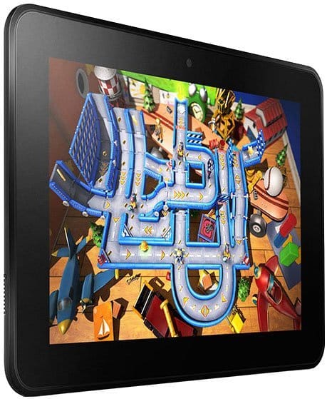 Front view of a black tablet, possibly Samsung Galaxy Tab, showing a vibrant maze game with blue paths, arrows, and vehicles.