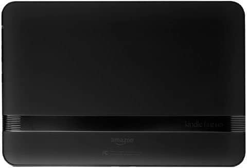 Rear view of black Amazon Kindle Fire HD with "kindle fire HD" and "amazon" logos near smooth bottom edge.