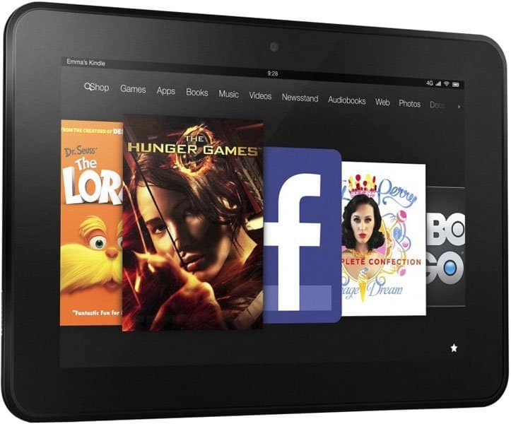 Front view of an Amazon Kindle Fire showing app icons for The Lorax, The Hunger Games, Facebook, and Katy Perry music.