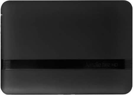 Amazon Kindle Fire HD rear view, matte black finish, horizontal glossy strip, "kindle fire HD" branding lower right.