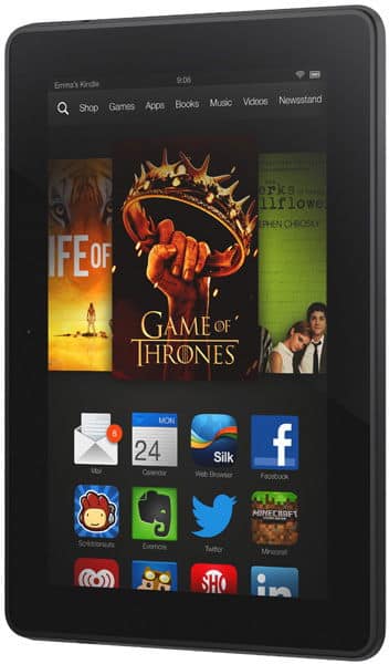 Front view of a black tablet showing home screen with app icons and book covers like "Game of Thrones" and "Life of Pi.