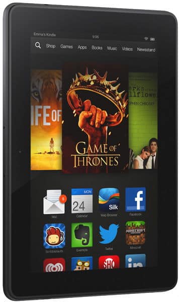 Front view of Kindle Fire tablet showing home screen, app icons at bottom, and "Game of Thrones" featured in top media section.