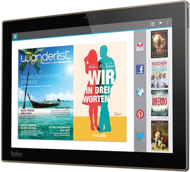 Front view of Kobo tablet showing digital magazines, books, and social icons (Gmail, Facebook, Pinterest, Twitter) on the side.