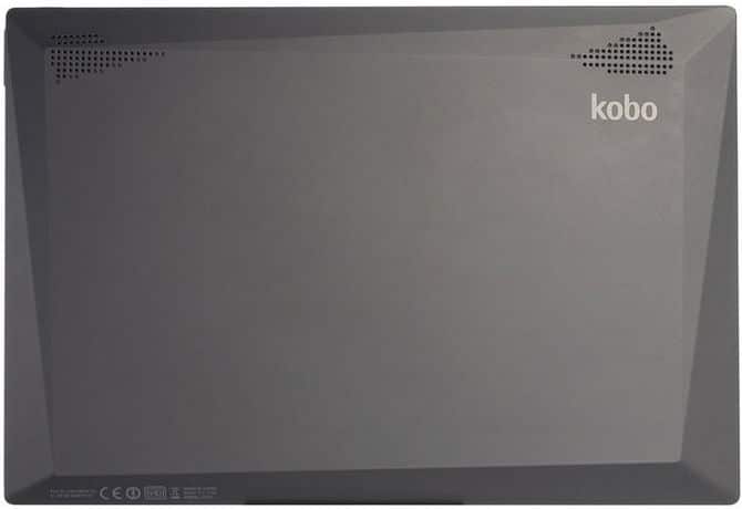 Rear view of gray Kobo e-reader featuring the "kobo" logo (top right) and vent-like grilles in both upper corners.