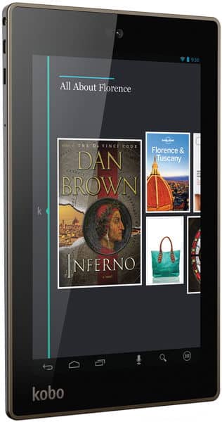 Kobo e-reader angled view showing "All About Florence" screen with book covers, a handbag, and a dome image.