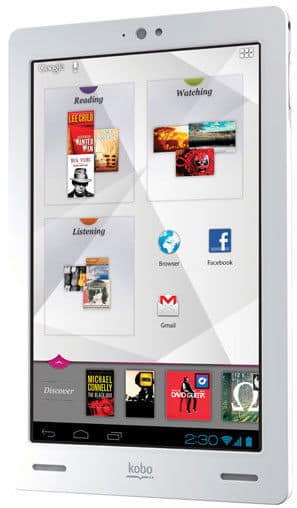 Front view of Kobo tablet showing home screen with Reading, Watching, Listening, Apps tabs, book covers, and 2:30 time.