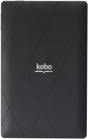 Rear view of Kobo e-reader in black with diamond-textured back and centered Kobo logo. Brand: Kobo. Model unspecified.