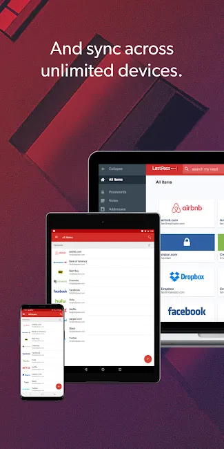 Front view of smartphone, tablet, and laptop showing LastPass login screens; text: “And sync across unlimited devices.”.