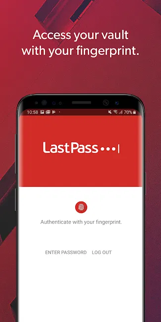 Front view of a smartphone showing the LastPass app fingerprint prompt, with red background and security text above the screen.