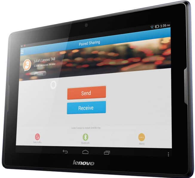 Front view of Lenovo tablet showing paired sharing screen with "Send" and "Receive" buttons, profile icon, and app navigation bar.