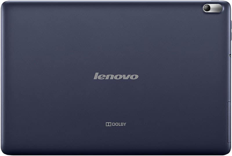 Rear view of a dark blue Lenovo tablet, Lenovo logo centered, rear camera top right, Dolby logo near the bottom.