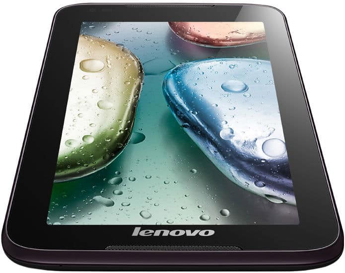 Lenovo tablet (front view) with Lenovo logo, showing a bright screen featuring water droplets and smooth stones wallpaper.