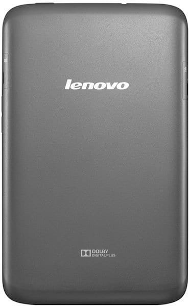 Rear view of a gray Lenovo tablet with centered Lenovo logo and Dolby Digital Plus branding near the bottom, no buttons visible.