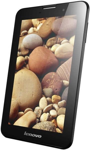 Lenovo tablet, front angled view, black model with display on showing smooth rocks; Lenovo logo visible at bottom bezel.