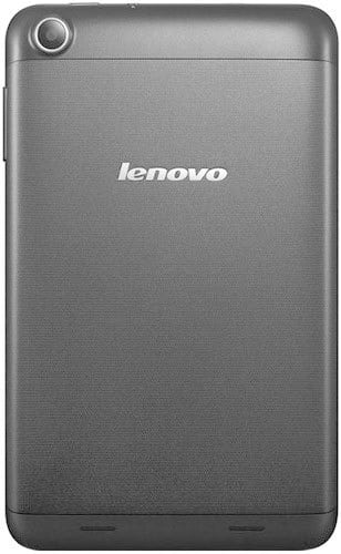 Rear view of Lenovo tablet (gray), Lenovo logo centered, rear camera top left, two speaker grills at the bottom.