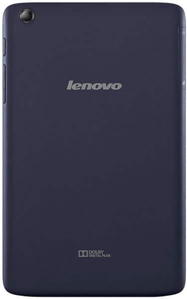 Lenovo tablet rear view in dark blue with center silver logo, top-left camera, and Dolby Digital Plus branding near the bottom.