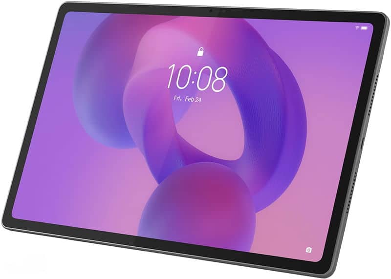 Black tablet, thin bezel, angled front view; purple-pink abstract display shows 10:08 and Fri, Feb 24. Brand/model unspecified.