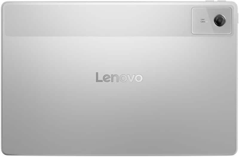 Rear view of silver Lenovo tablet with centered Lenovo logo, rear camera, and flash in the top right corner. Model unspecified.