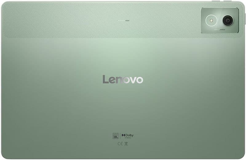Rear view of a green Lenovo tablet showing single top right rear camera and centered Lenovo logo. Model unspecified.