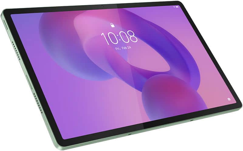 Samsung Galaxy Tab S8 shown front-facing at a slight angle, purple abstract wallpaper, 10:08 AM, white background.