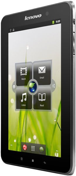 Front view of a black Lenovo tablet with home screen icons and green grass wallpaper; time displayed is 9:09.